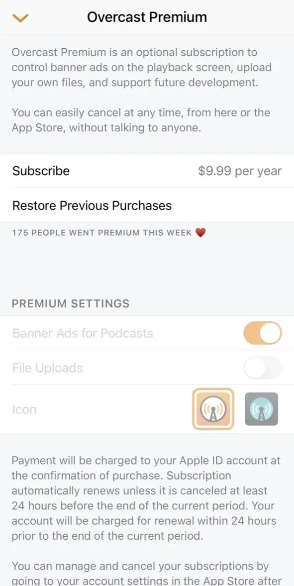 Overcast paywall screen