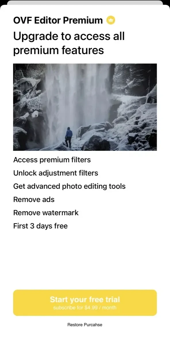 OVF Editor paywall screen