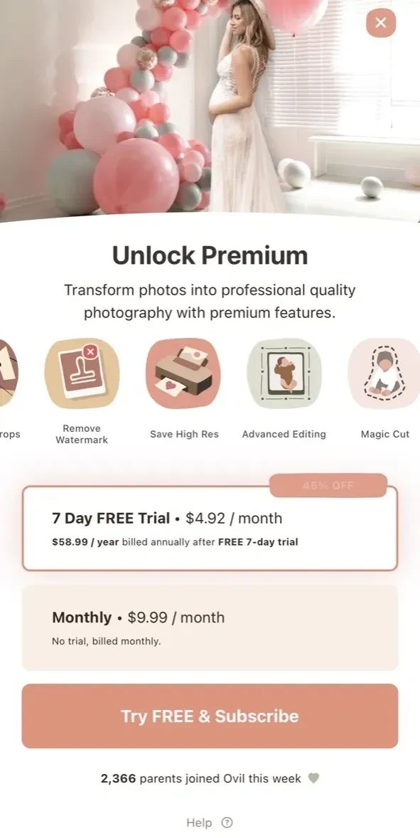 Ovil paywall screen