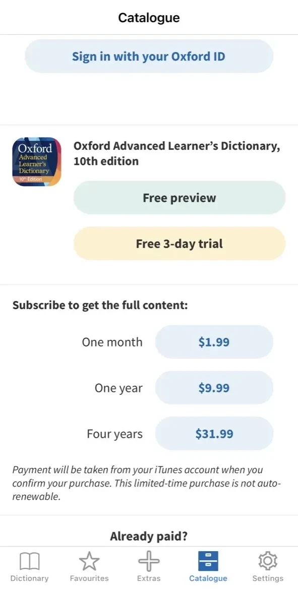 Oxford Advanced Learner's Dict paywall screen