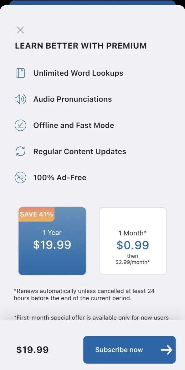 Oxford Dictionary paywall screen