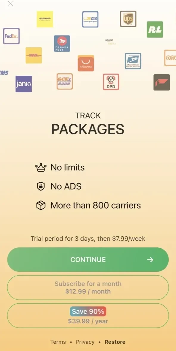 Parcel Track paywall screen