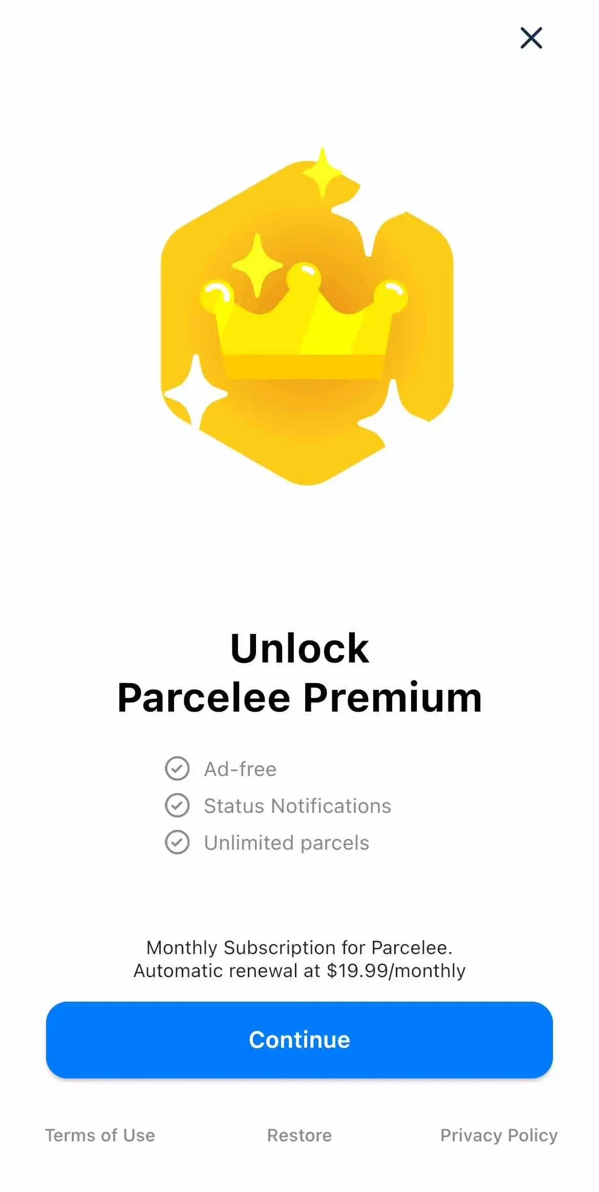 Parcelee paywall screen