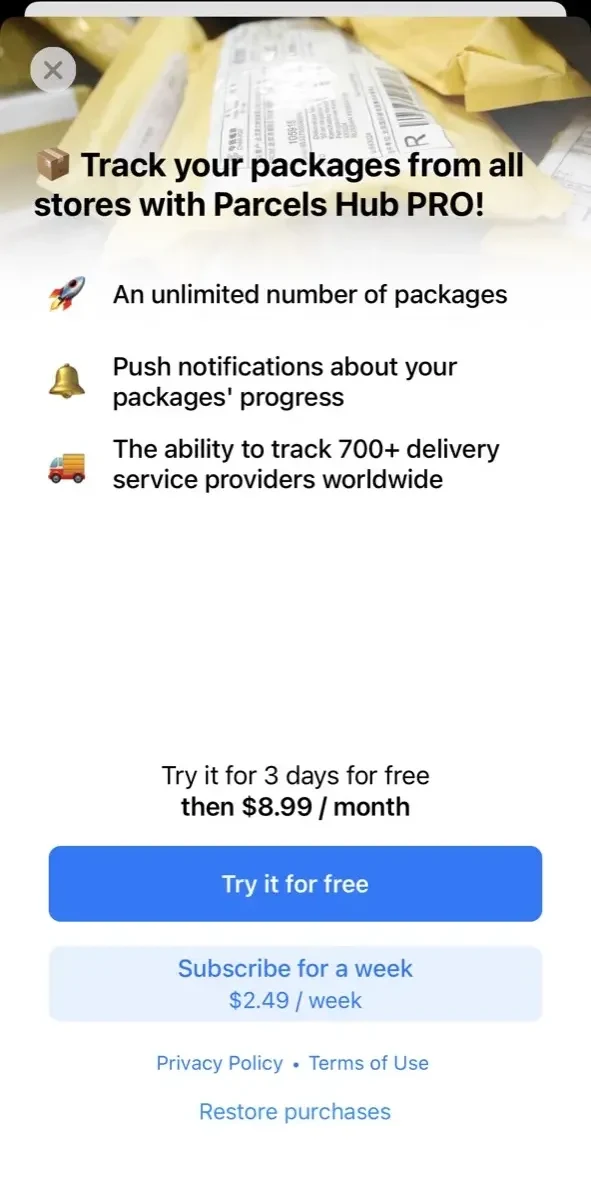Package tracker paywall screen