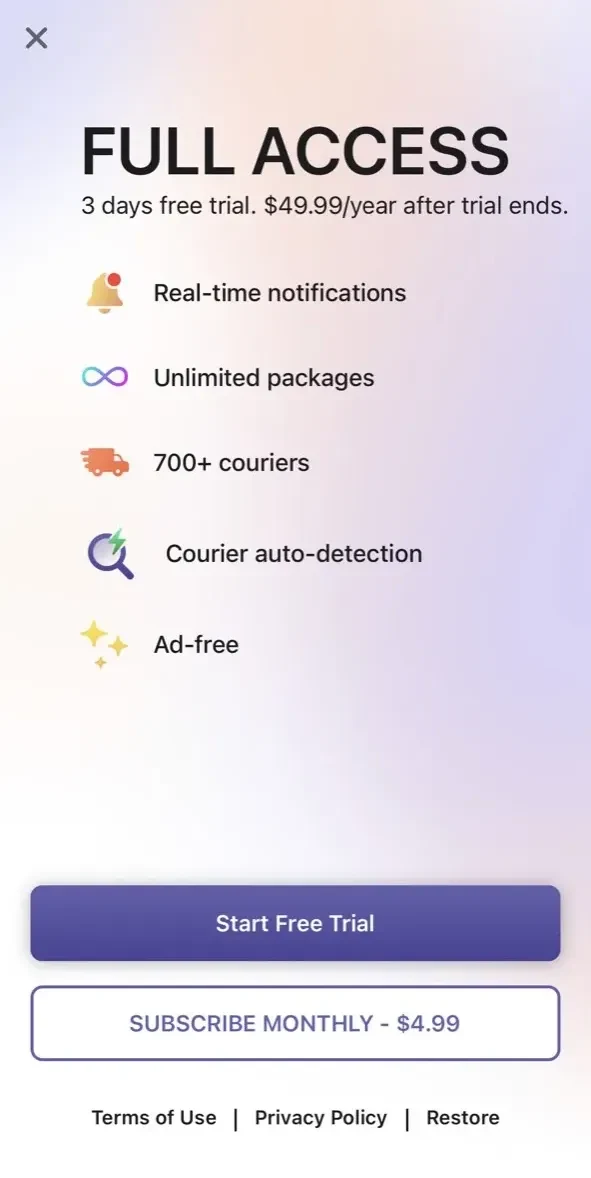 Package Tracker paywall screen