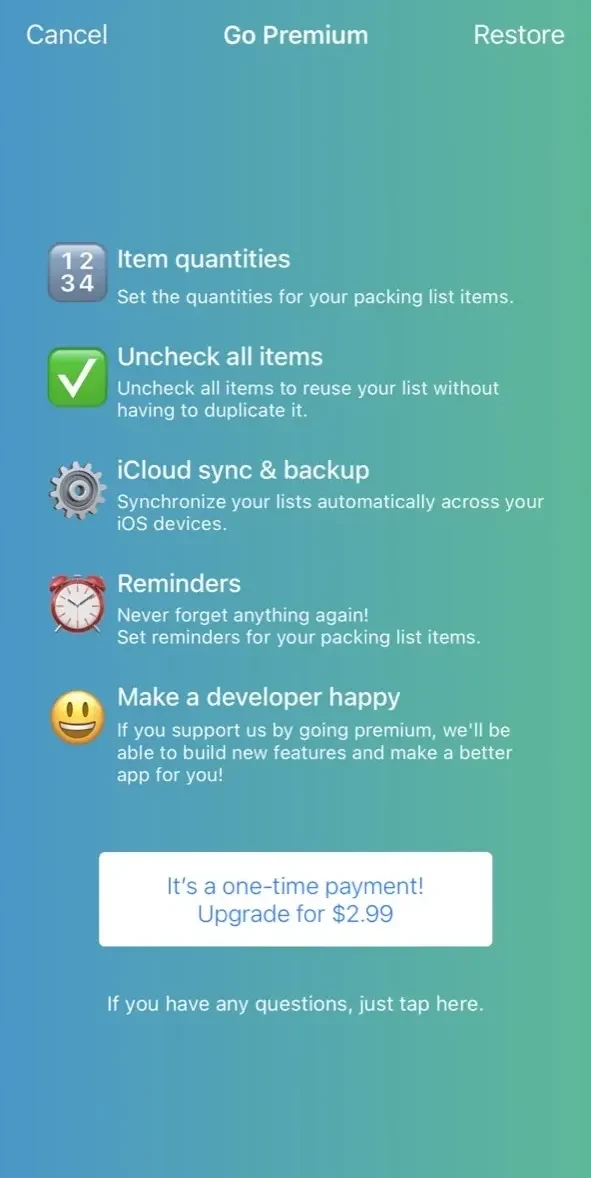 Packing List Checklist paywall screen