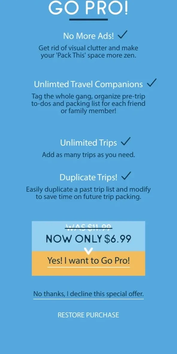 Travel Packing List paywall screen