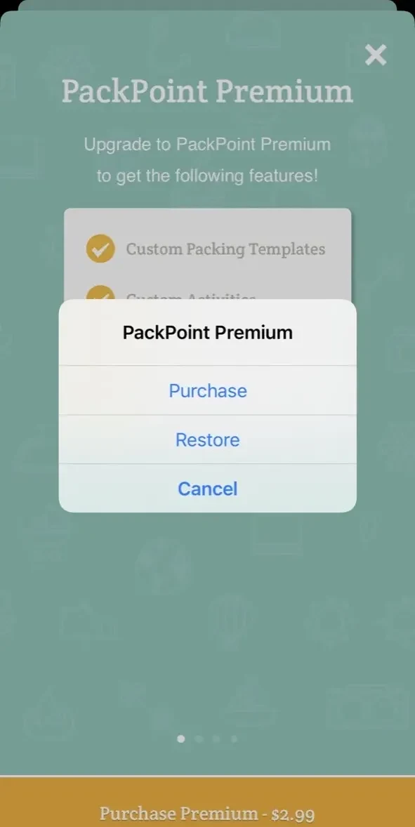 PackPoint Travel Packing List paywall screen