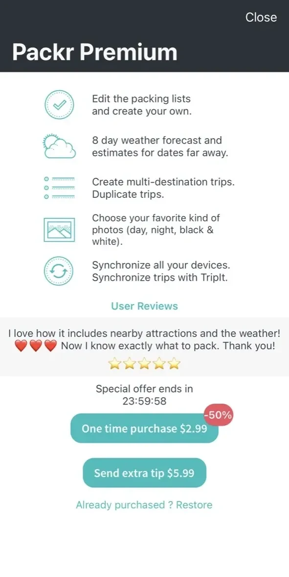 Packr Travel Packing List paywall screen
