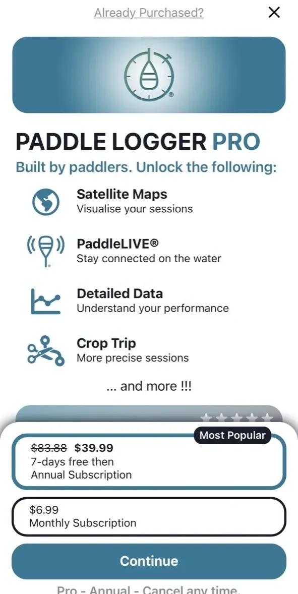 Paddle Logger paywall screen