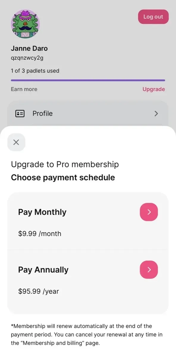 Padlet paywall screen