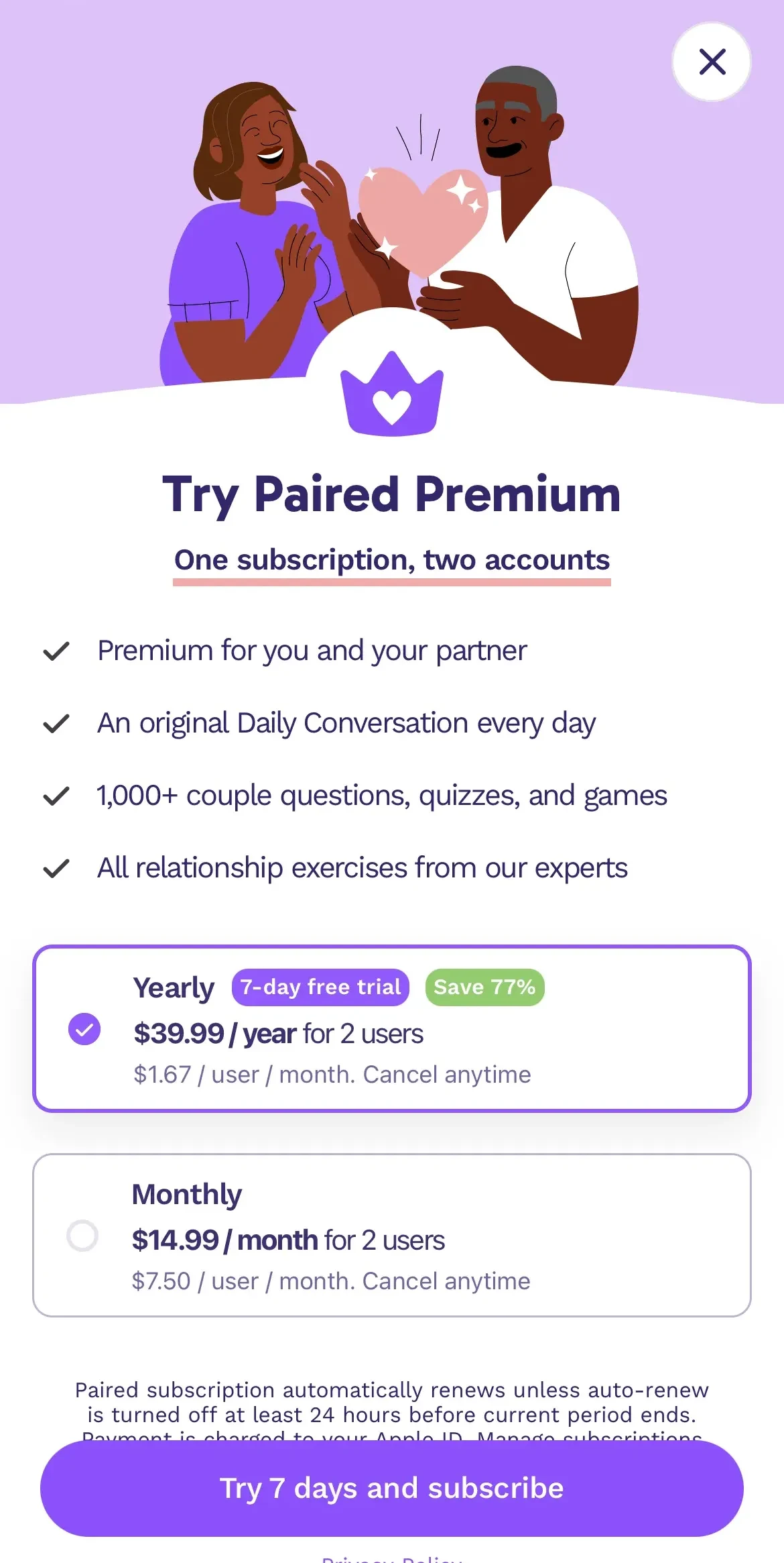Paired paywall screen