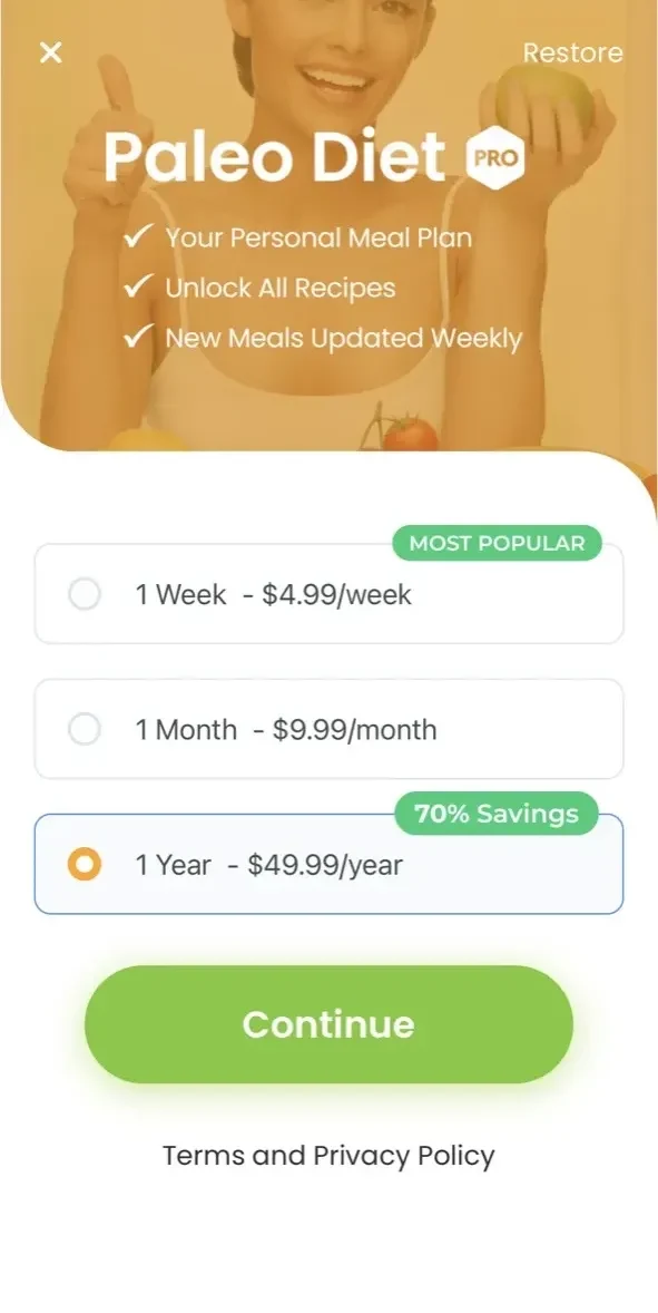Paleo Diet Meal Plan paywall screen