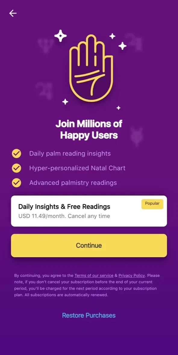 Palm Reader paywall screen