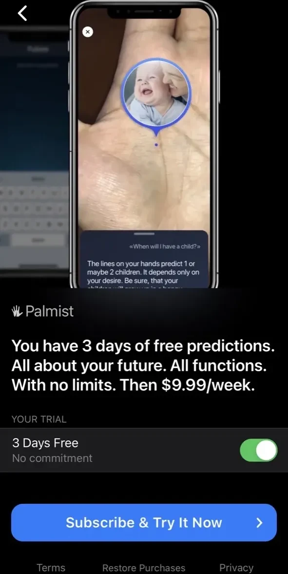 Palmist paywall screen