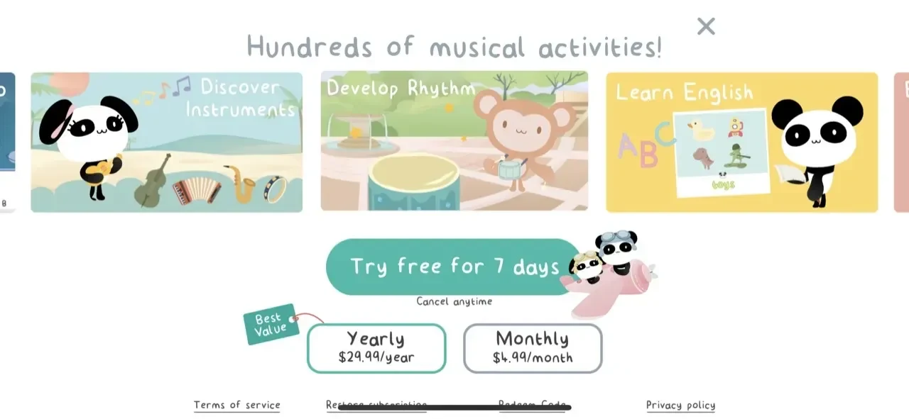 Kids Piano Games paywall screen