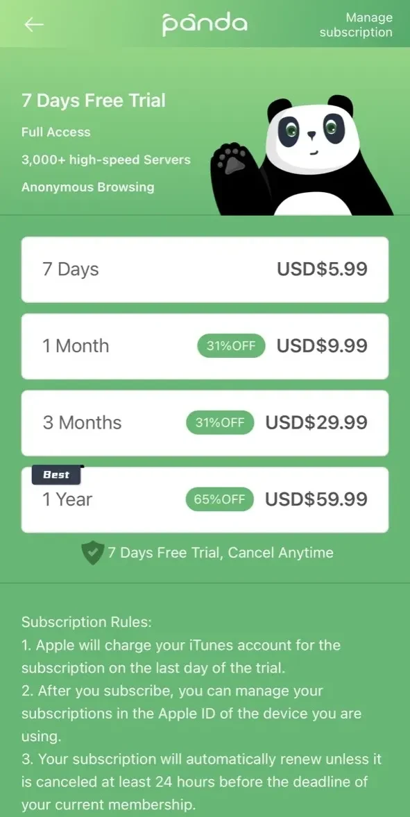 PandaVPN Pro paywall screen