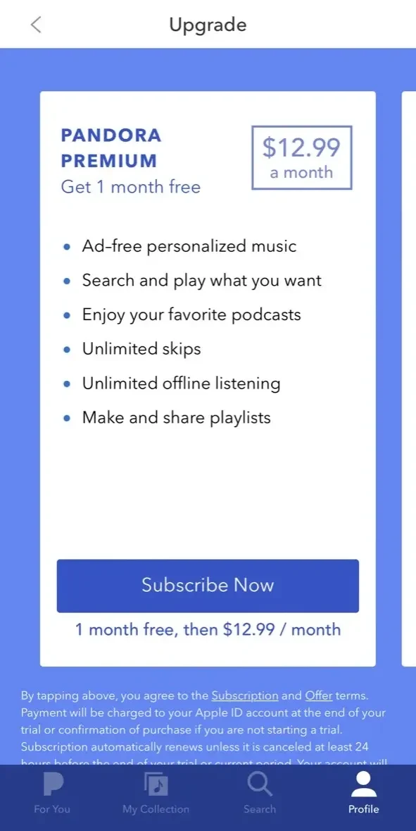 Pandora paywall screen