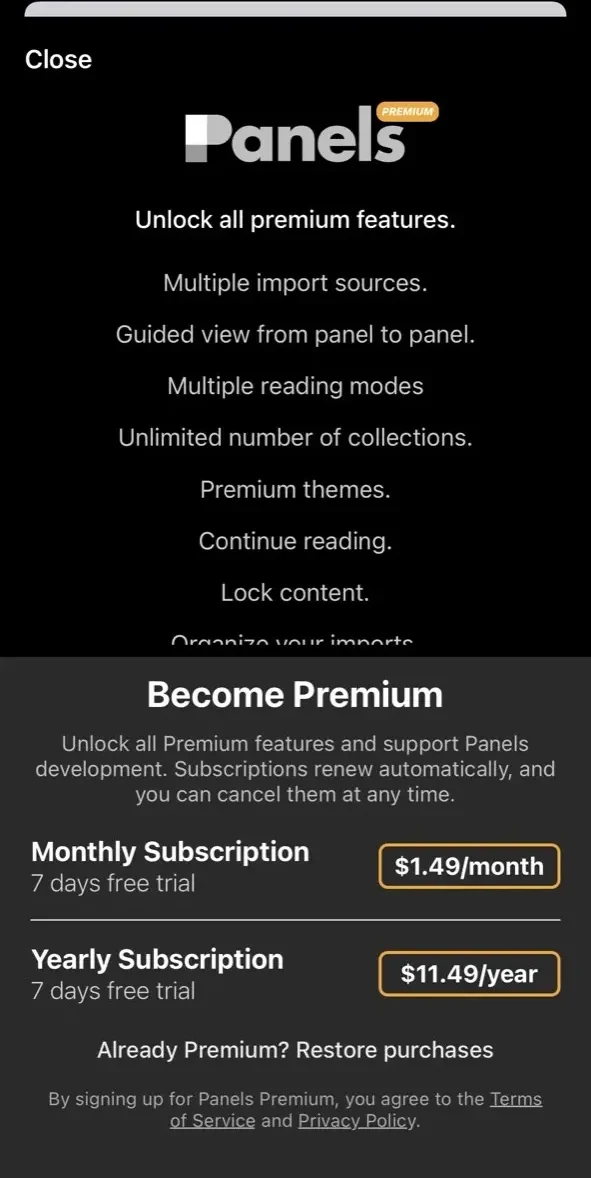 Panels paywall screen