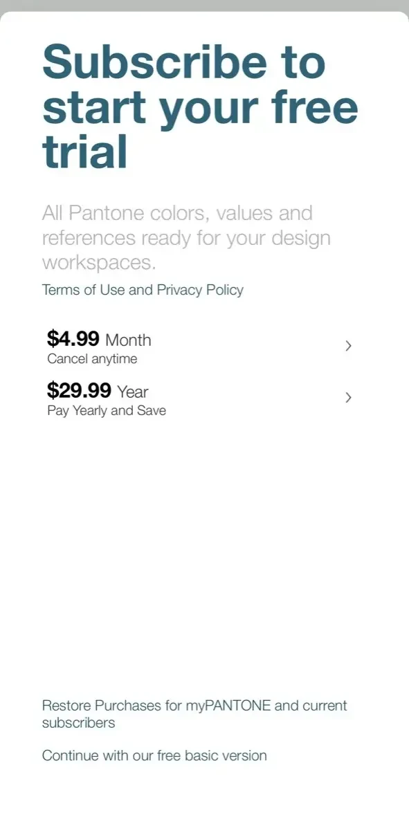 PANTONE Studio paywall screen