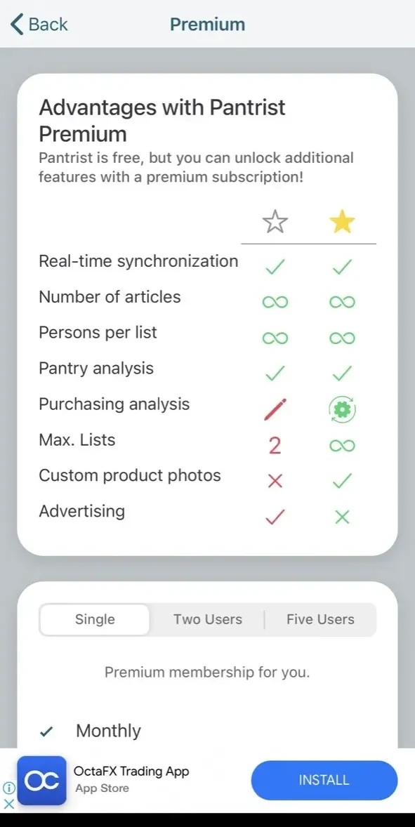 Pantrist paywall screen
