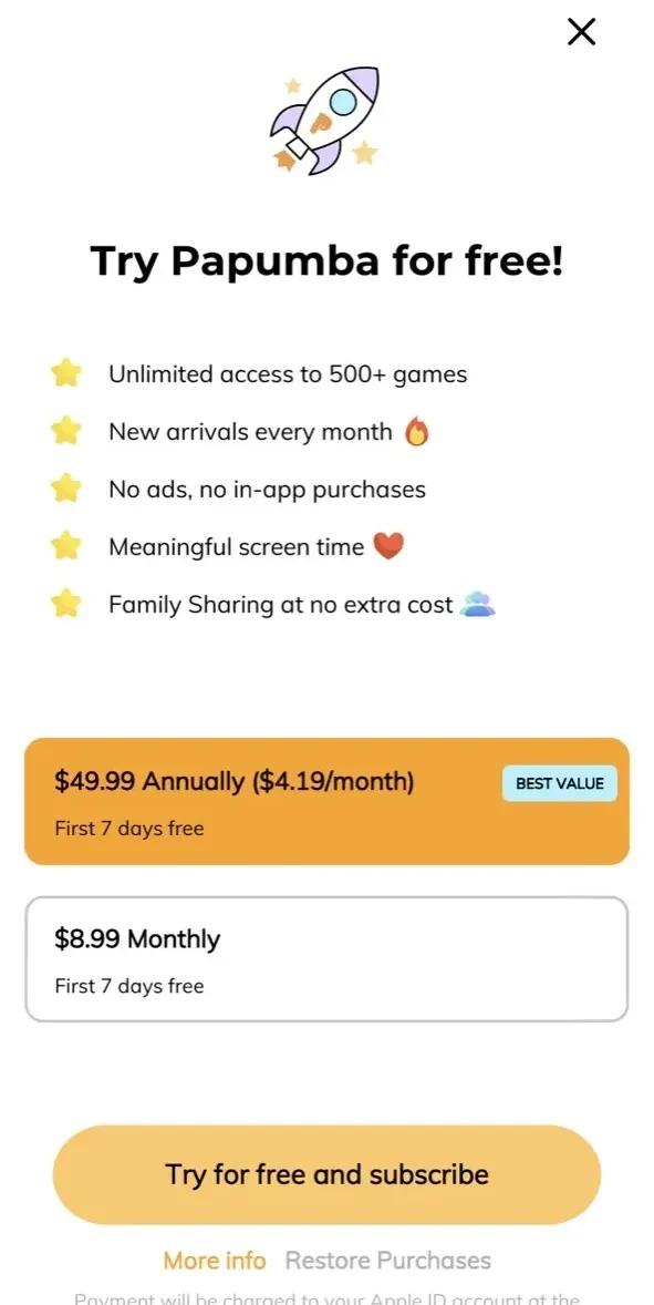 Papumba paywall screen