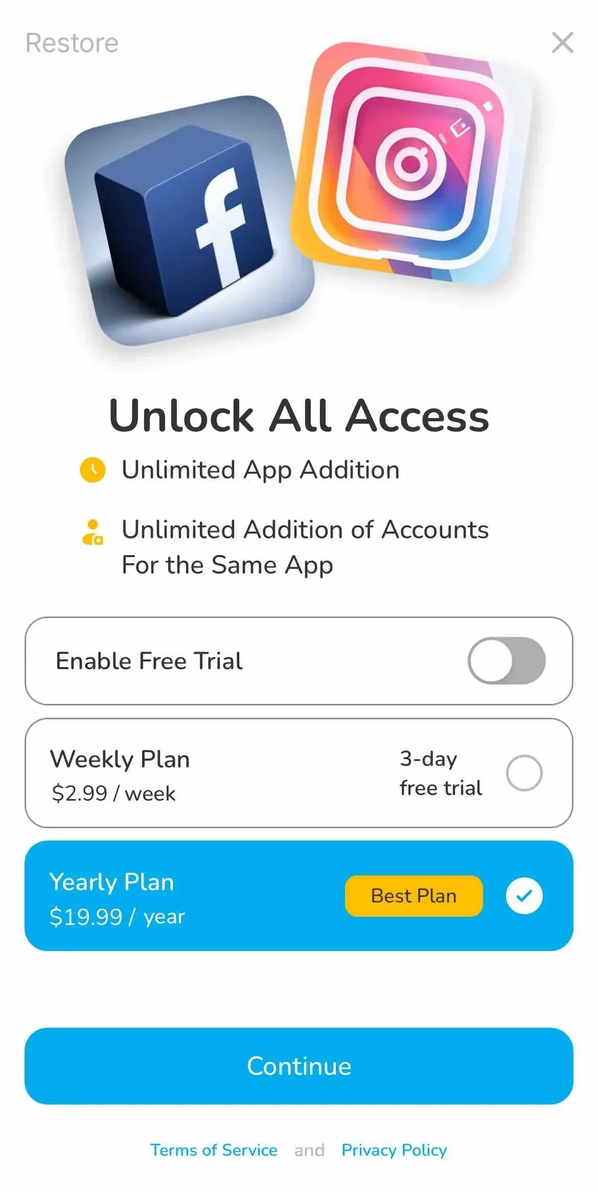 Parallel Space ‒ Dual Accounts paywall screen