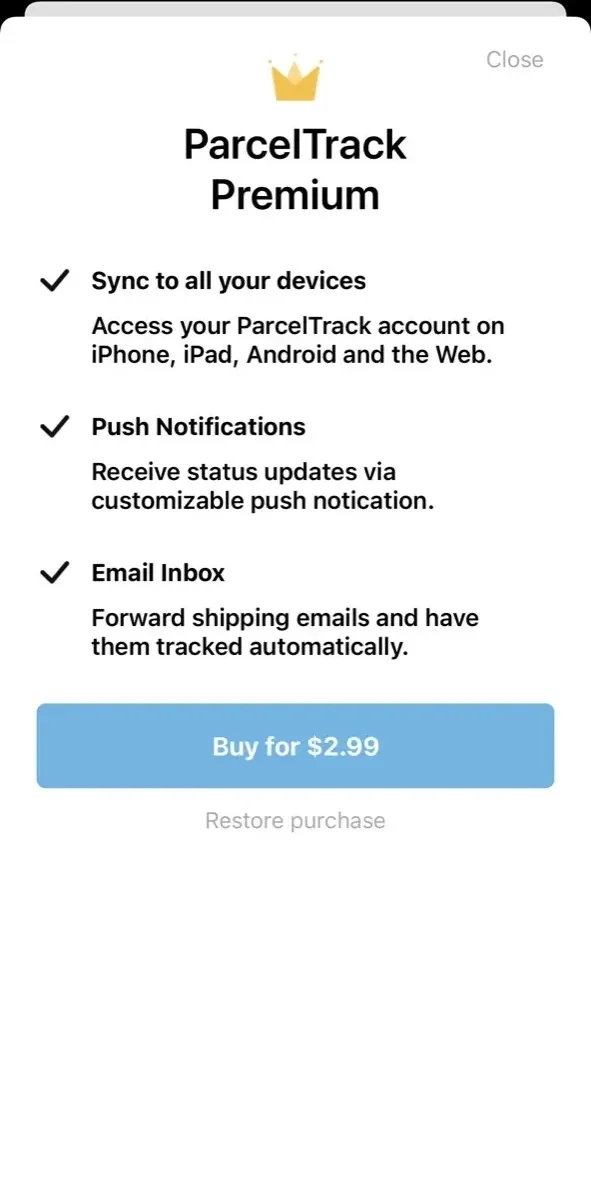 ParcelTrack paywall screen