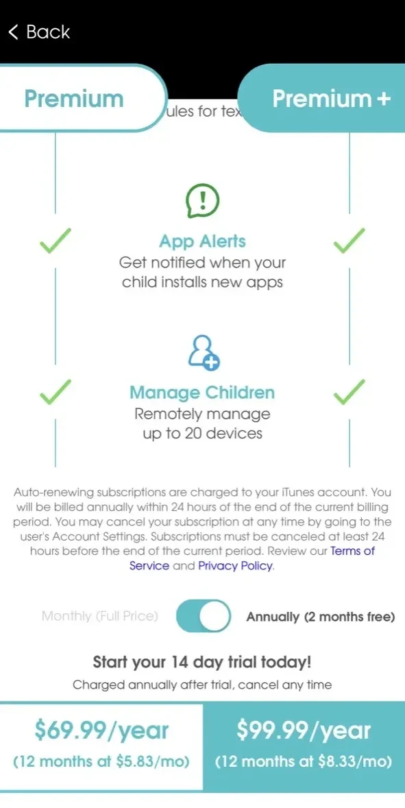 Parental Control App paywall screen