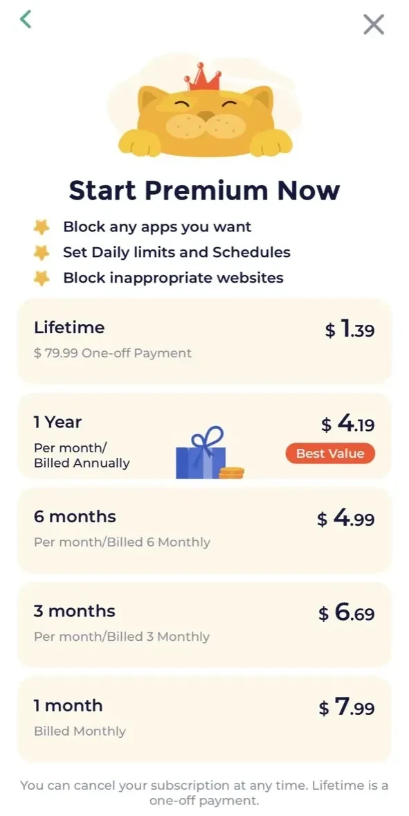 Parental Control App paywall screen