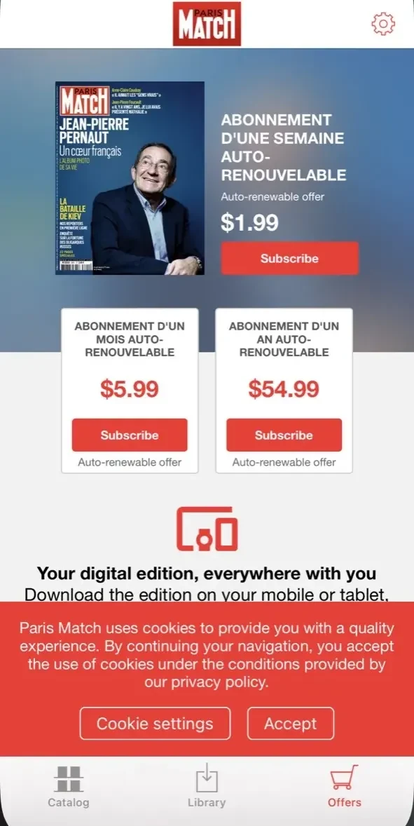 L'ancienne app Paris Match paywall screen