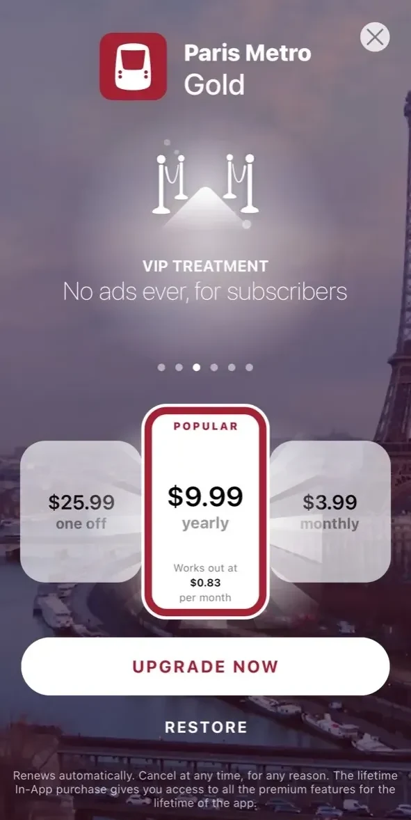 Paris Metro Map paywall screen