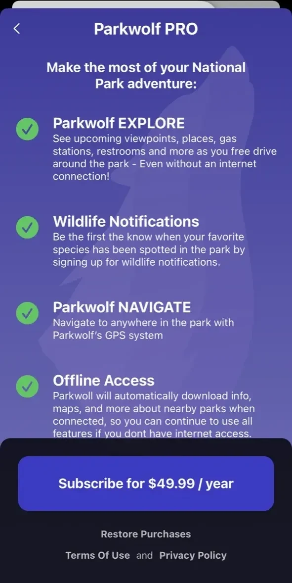 Parkwolf paywall screen