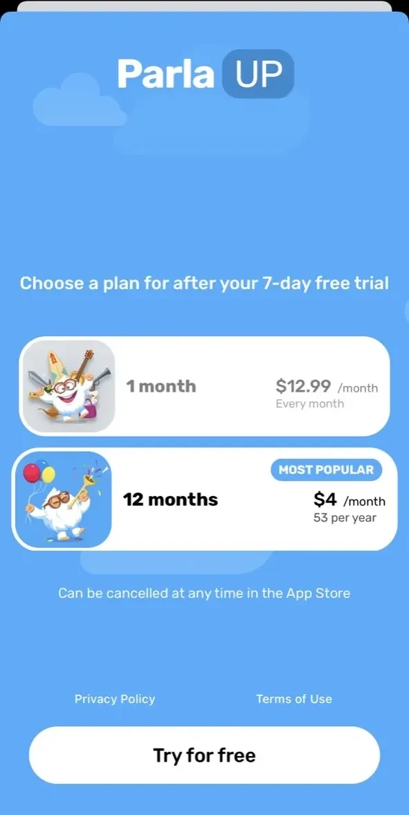 Parla paywall screen