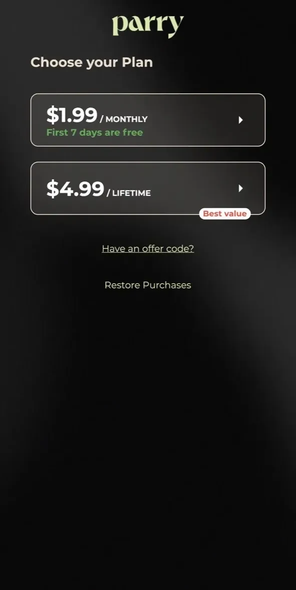 Parry paywall screen