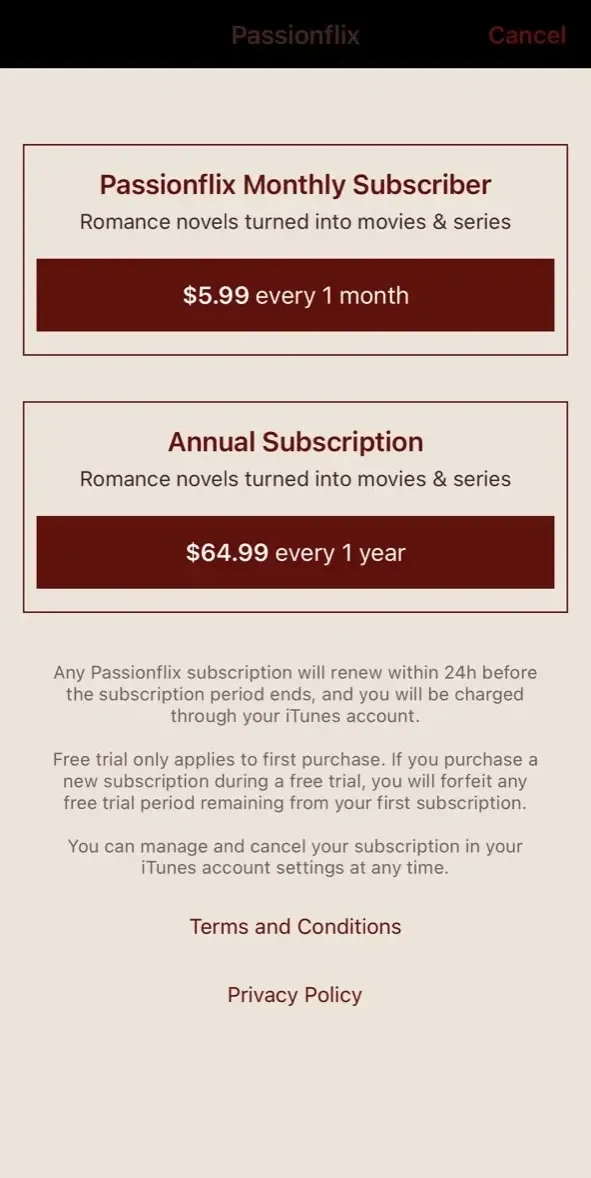 Passionflix paywall screen