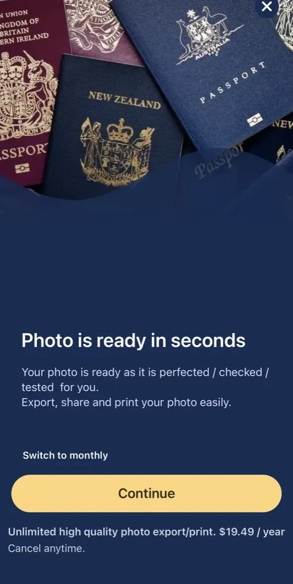 Passport Photo Maker paywall screen