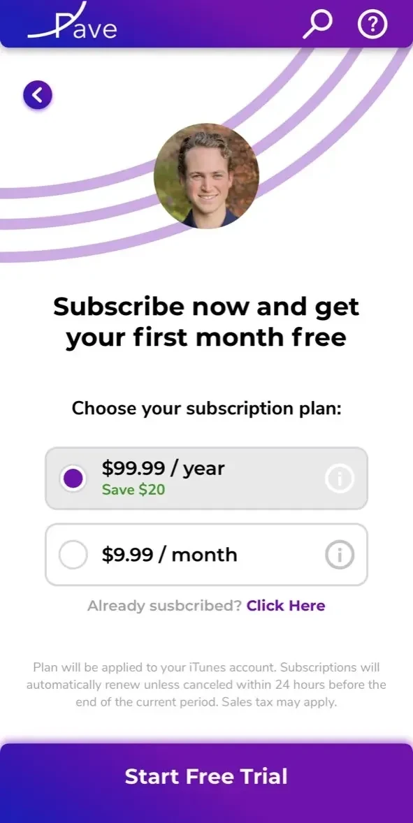 Pave Finance paywall screen