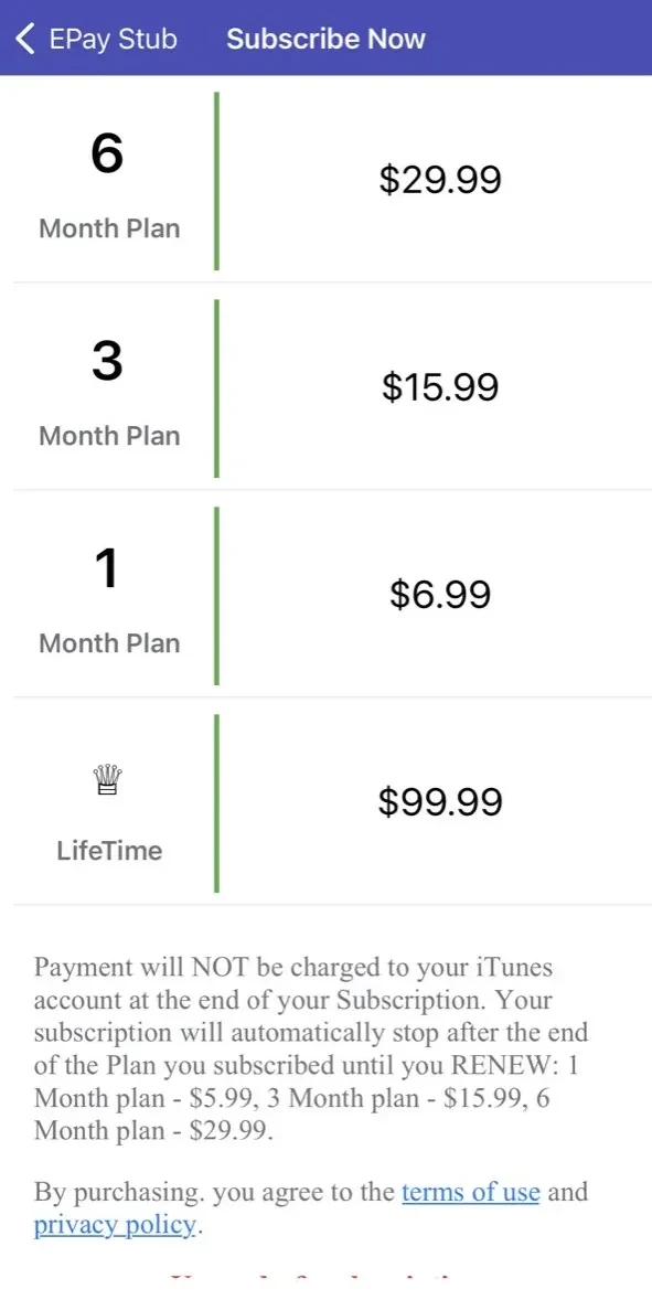Paystubx paywall screen