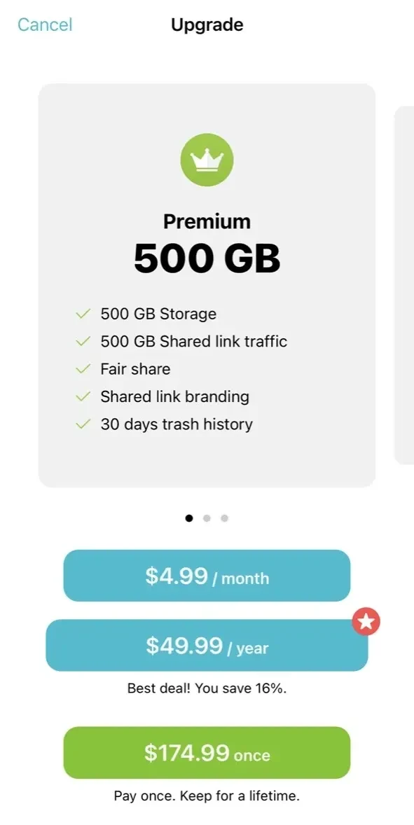 pCloud paywall screen