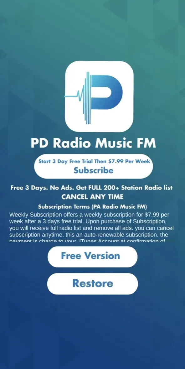 Pd Radio Music Station paywall screen