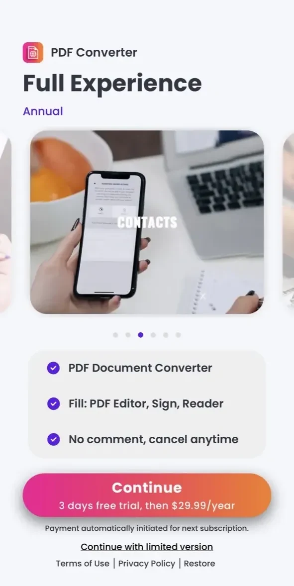 PDF Converter Documents to PDF paywall screen