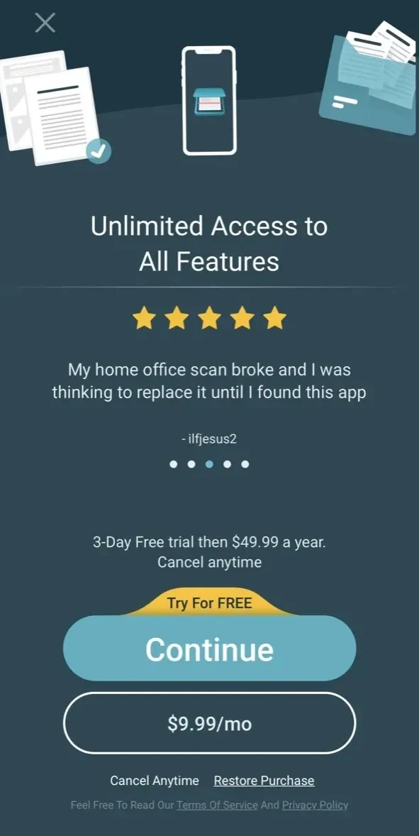Scan to PDF paywall screen