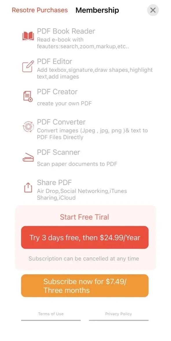 PDF Editor paywall screen