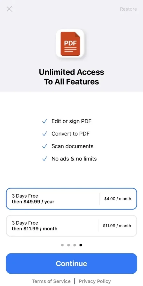PDF Editor ® paywall screen