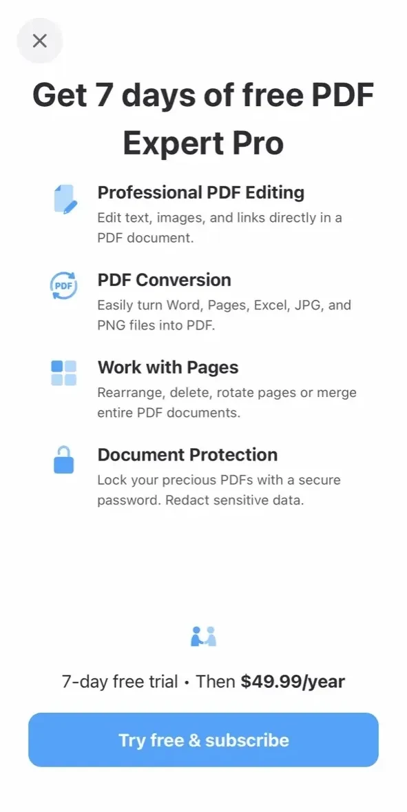 PDF Expert paywall screen