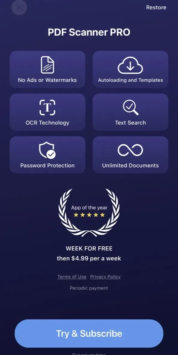 PDF Scanner paywall screen