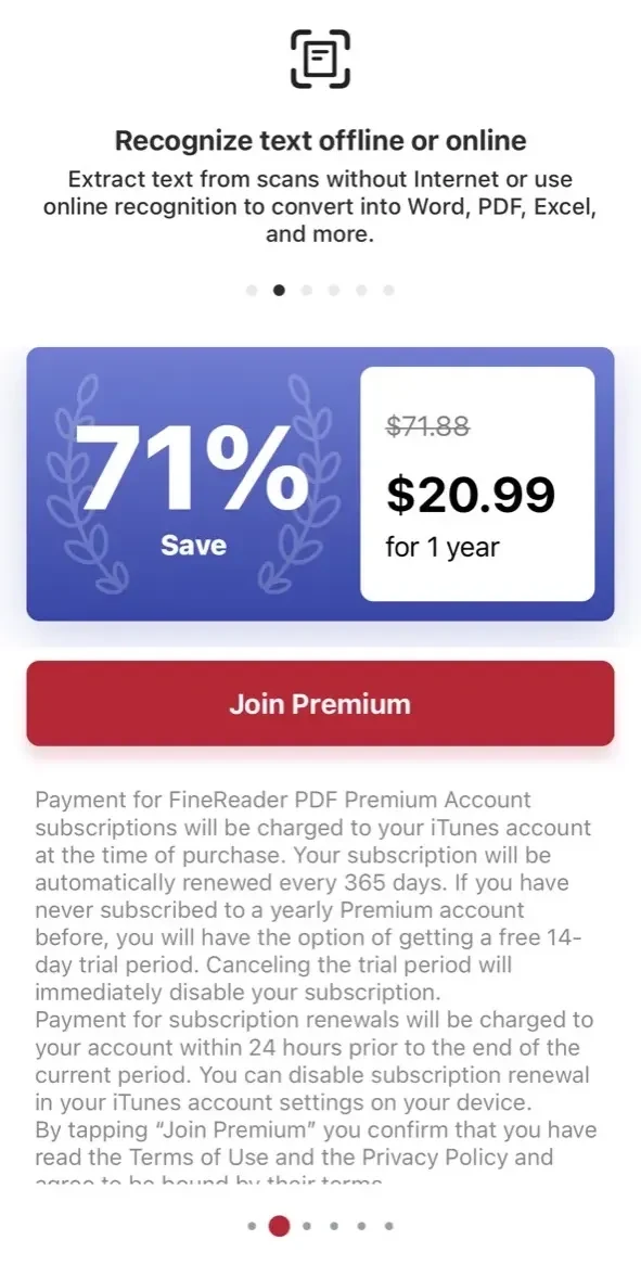 FineReader paywall screen