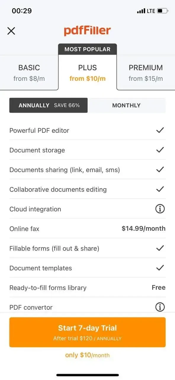 pdfFiller paywall screen