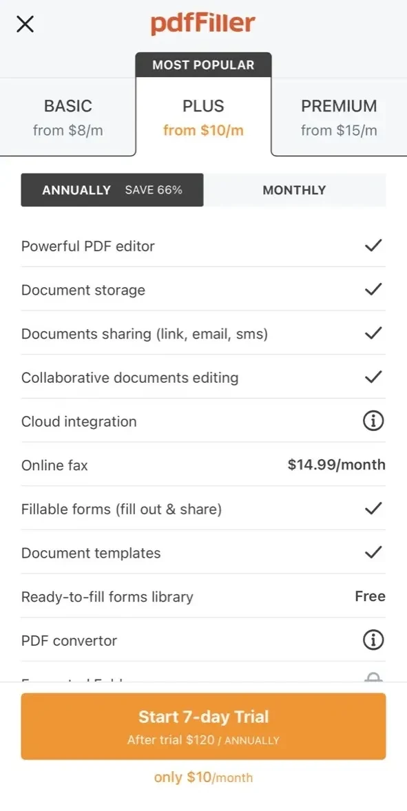 pdfFiller paywall screen